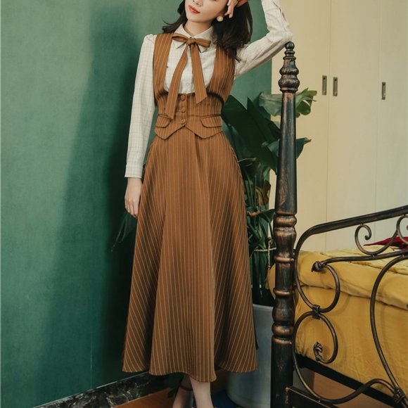 Blouse + Vest + Skirt Stripe 3 Piece Sets - Picture 1 of 12